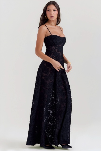 Black lace maxi dress side view with thin straps and open back