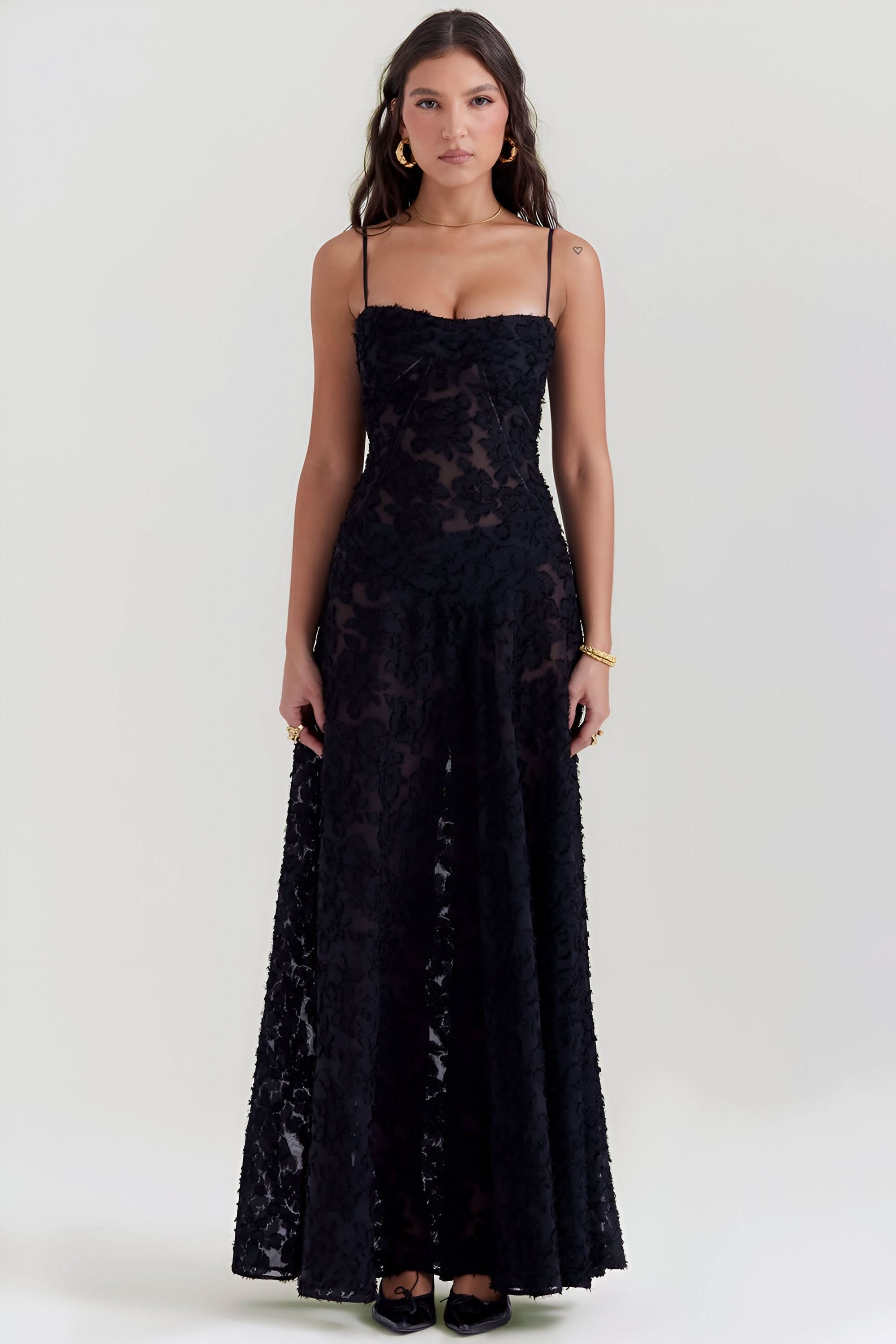 Black textured lace maxi dress with thin straps full length