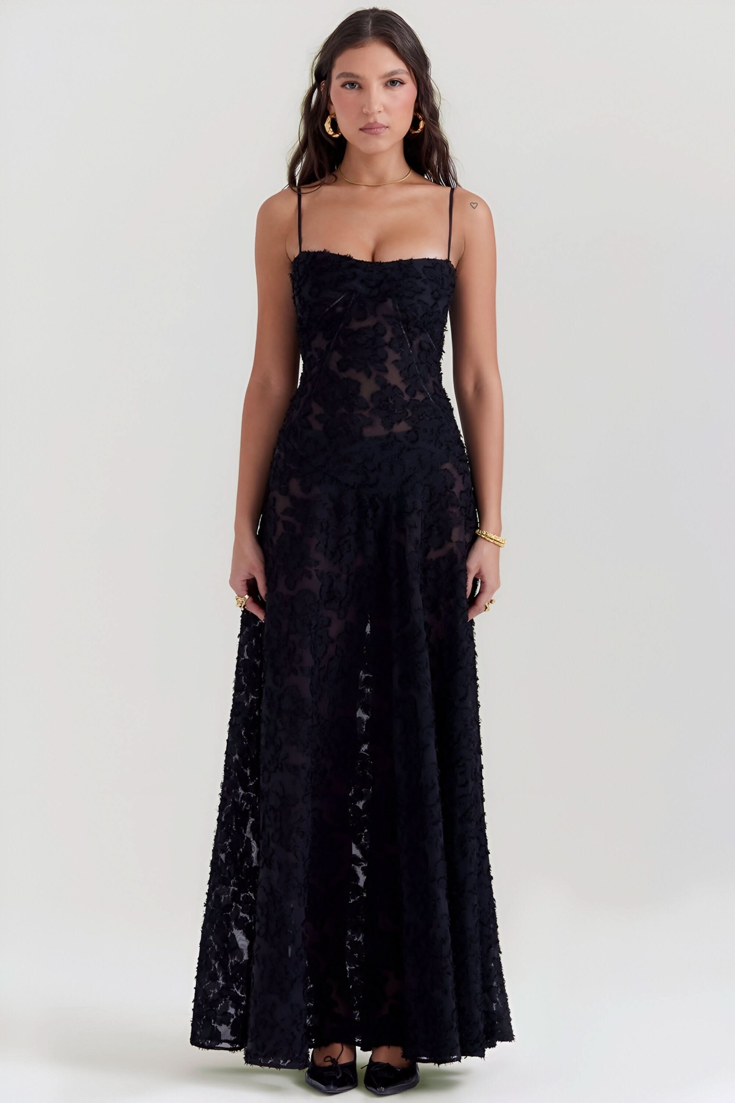 Black textured lace maxi dress with thin straps full length