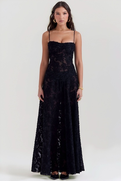 Black textured lace maxi dress with thin straps full length