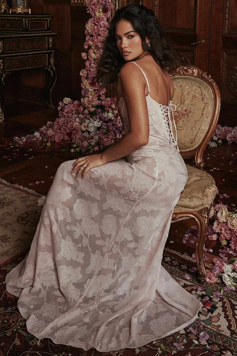 Blush lace maxi dress back view showing corset lacing detail