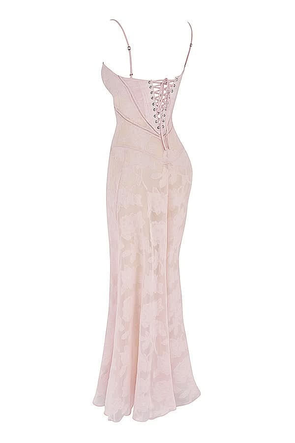Blush lace maxi dress back detail with corset lacing and train