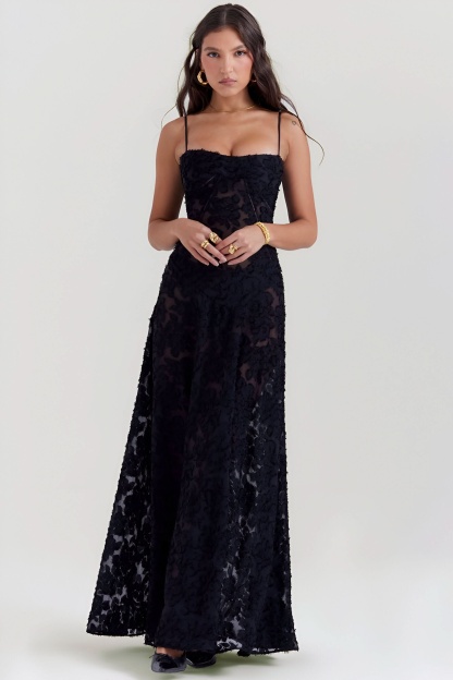 Black lace maxi dress front view with textured floral pattern