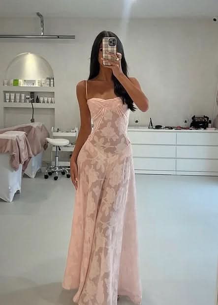 Blush lace maxi dress with spaghetti straps and floral pattern