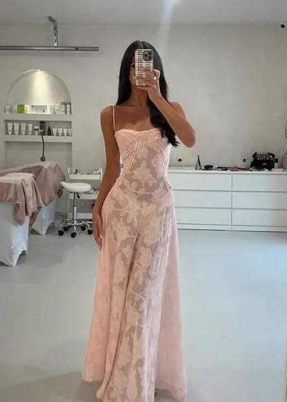 Blush lace maxi dress with spaghetti straps and floral pattern