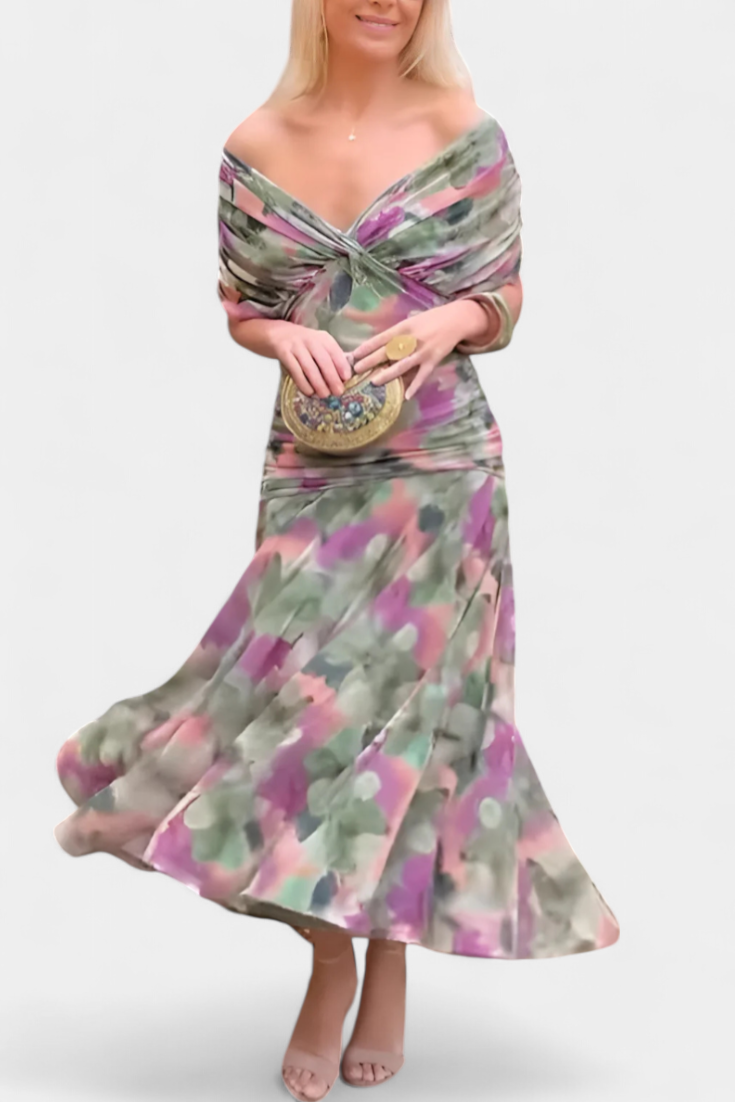 Multicolor watercolor floral ruched maxi dress off-shoulder