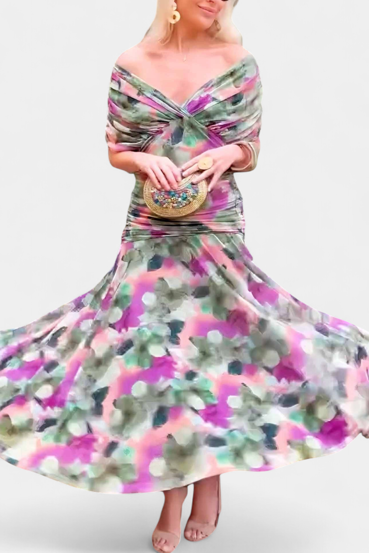 Watercolor floral maxi dress with ruched waist and flowing hem