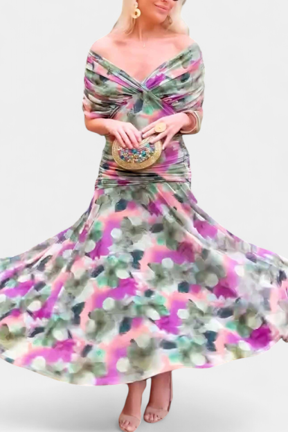 Watercolor floral maxi dress with ruched waist and flowing hem