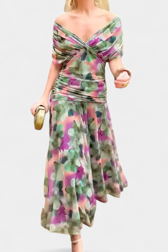 Multicolor abstract print ruched maxi dress full-length view