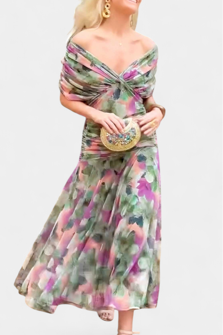 Back view watercolor floral ruched maxi dress with train