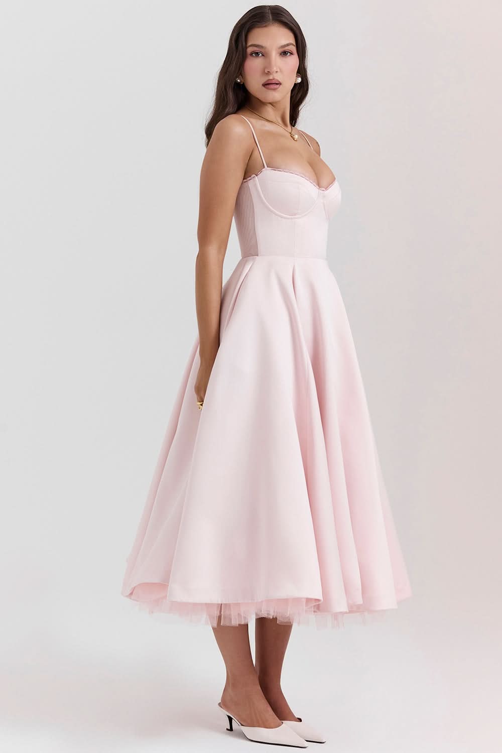 Blush corset midi dress with spaghetti straps and asymmetrical tulle skirt