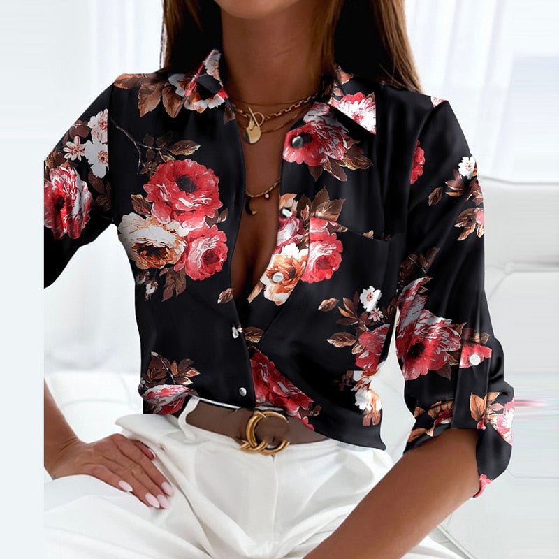 Black floral collared shirt with red rose botanical print
