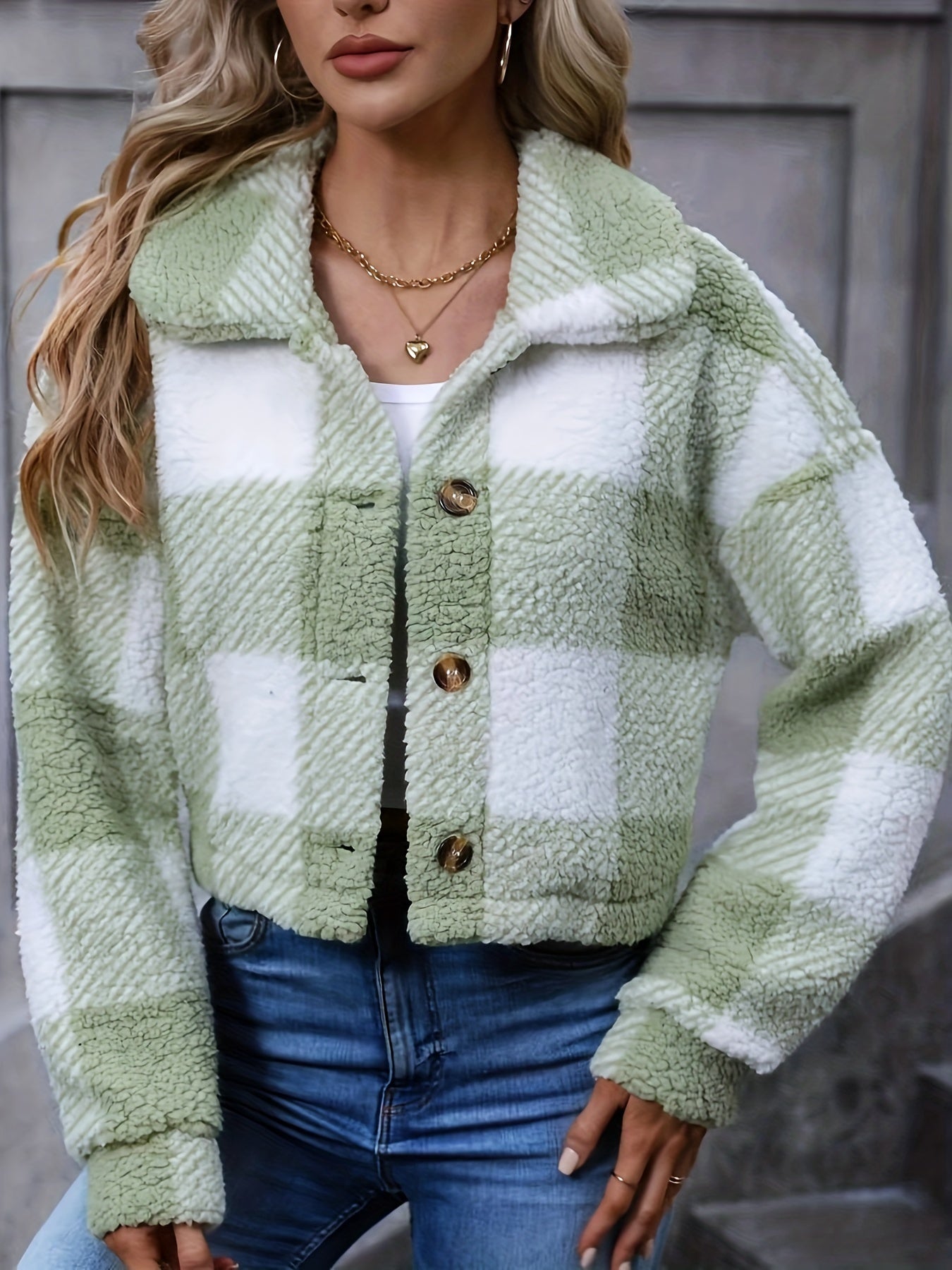 Fariha Cropped Plaid Jacket - Sage Green Plaid