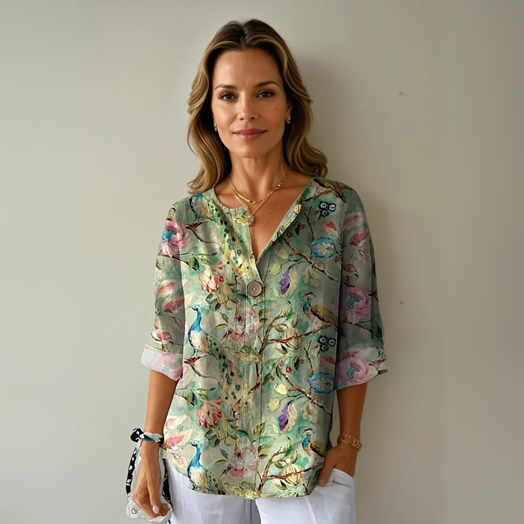 Sage green floral 3/4 top with botanical birds and pink rose print