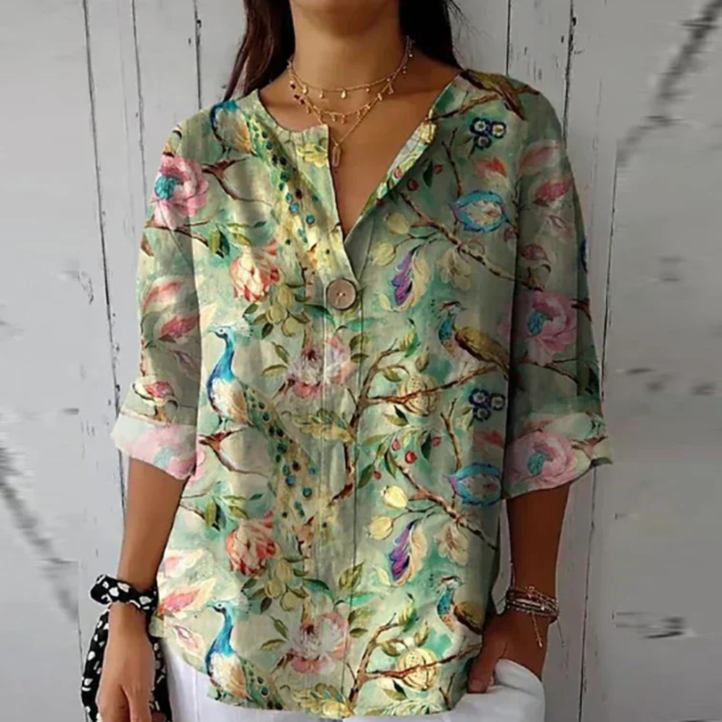 Sage green botanical floral 3/4 top with bird motif and delicate pink roses