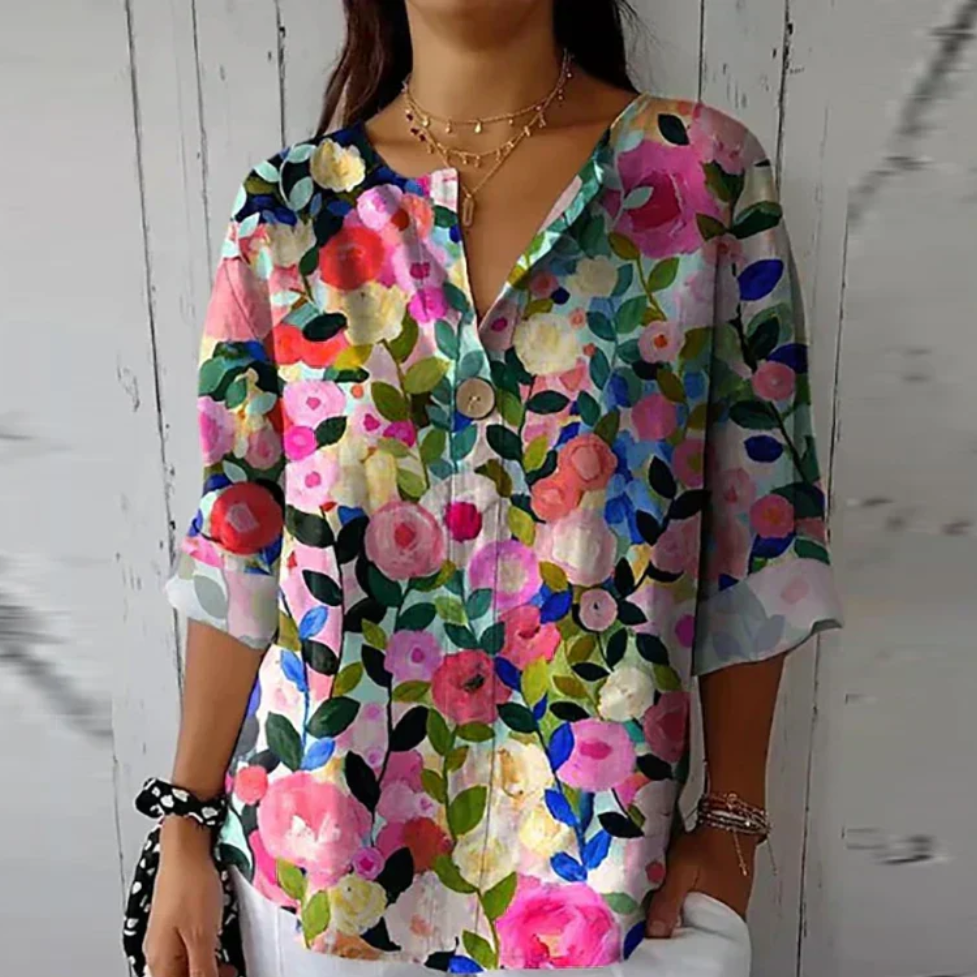Sage green botanical floral 3/4 top with bird motif and delicate pink roses