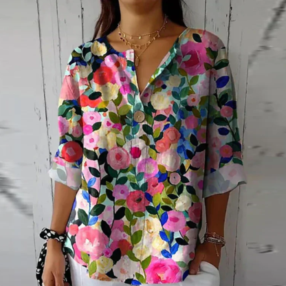 Sage green botanical floral 3/4 top with bird motif and delicate pink roses