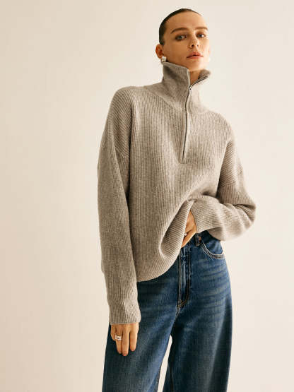 Fiorella Wool-Blend Quarter-Zip Set - Oatmeal