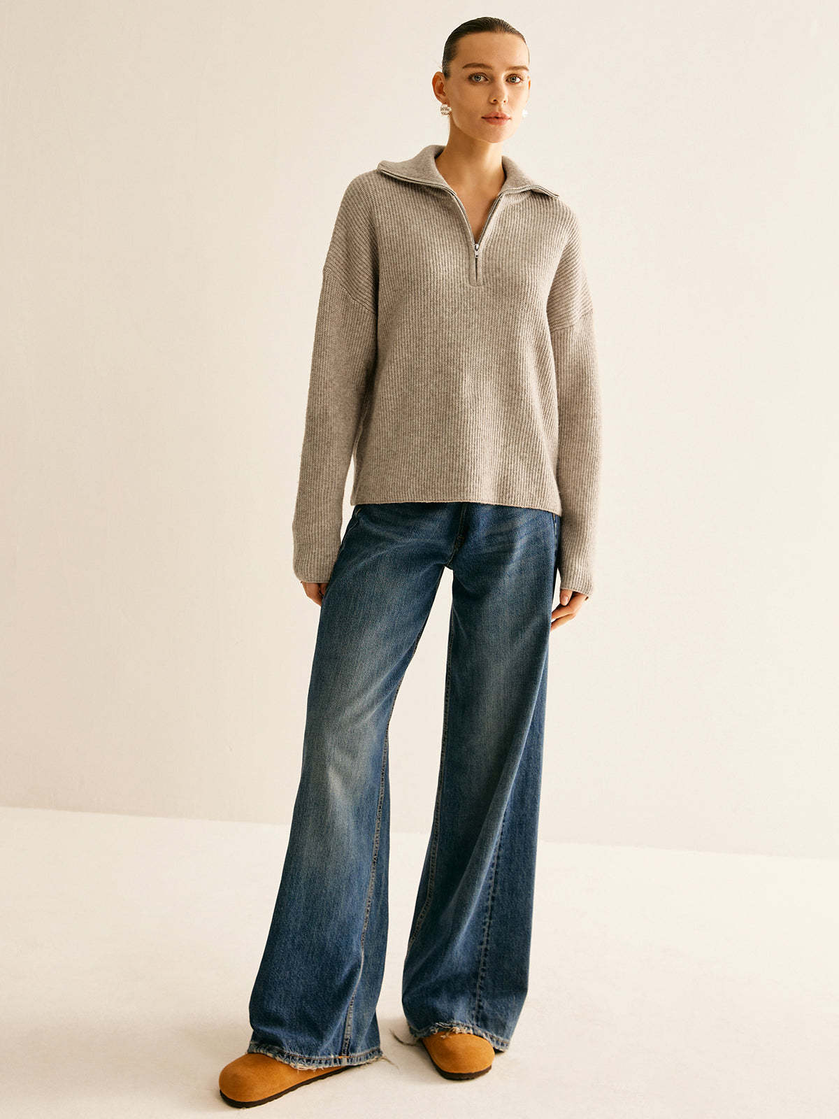 Fiorella Wool-Blend Quarter-Zip Set - Oatmeal
