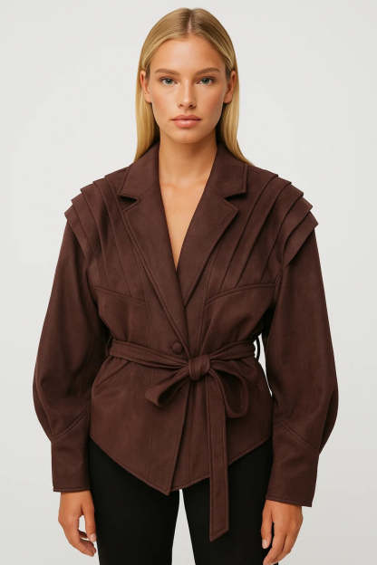 Frederica Belted Pleated Shoulder Tailored Jacket
