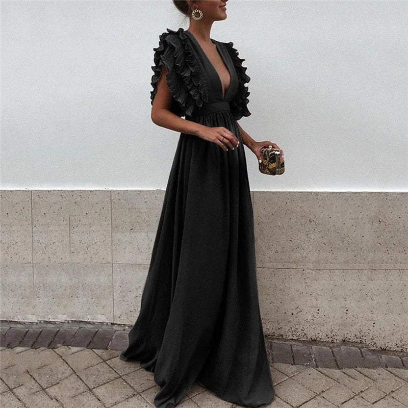 Black floor-length maxi dress with tiered ruffles and deep V neckline for women