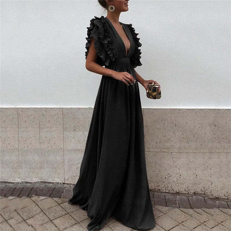 Black floor-length maxi dress with tiered ruffles and deep V neckline for women