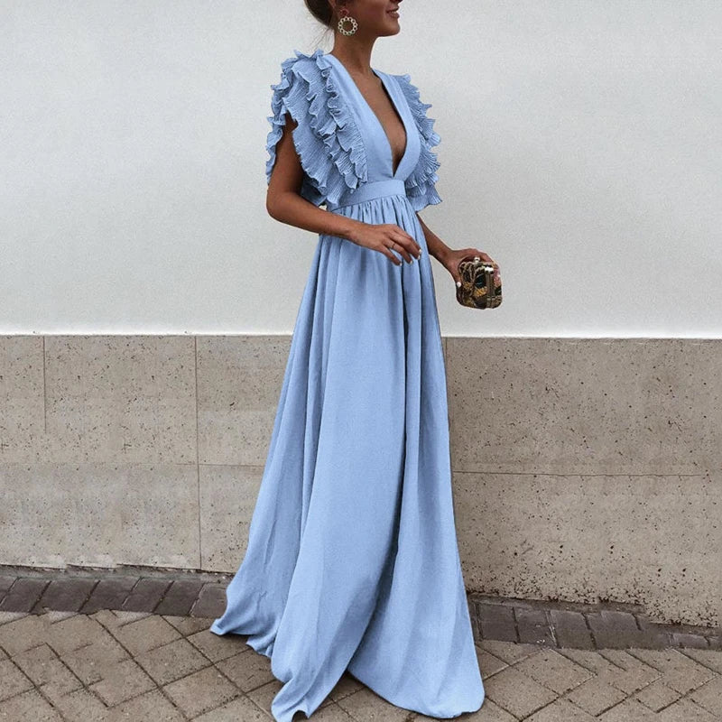 Periwinkle blue maxi dress with plunging V neckline and ruffled flutter sleeves for women
