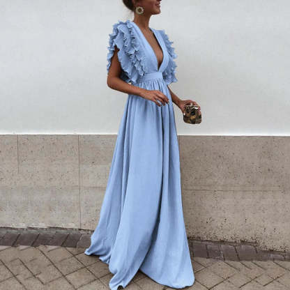 Periwinkle blue maxi dress with plunging V neckline and ruffled flutter sleeves for women