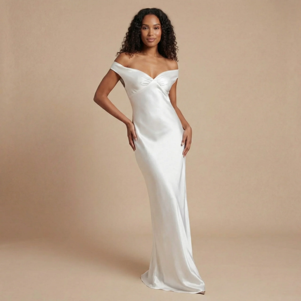 White satin off-shoulder maxi dress with ruched bust detail for women