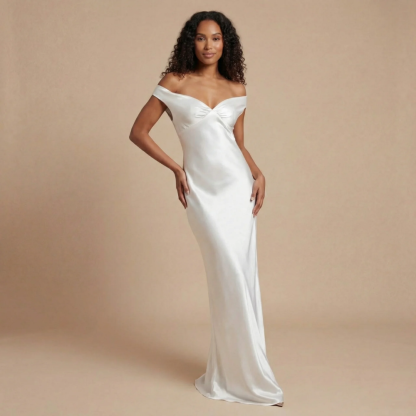 White satin off-shoulder maxi dress with ruched bust detail for women