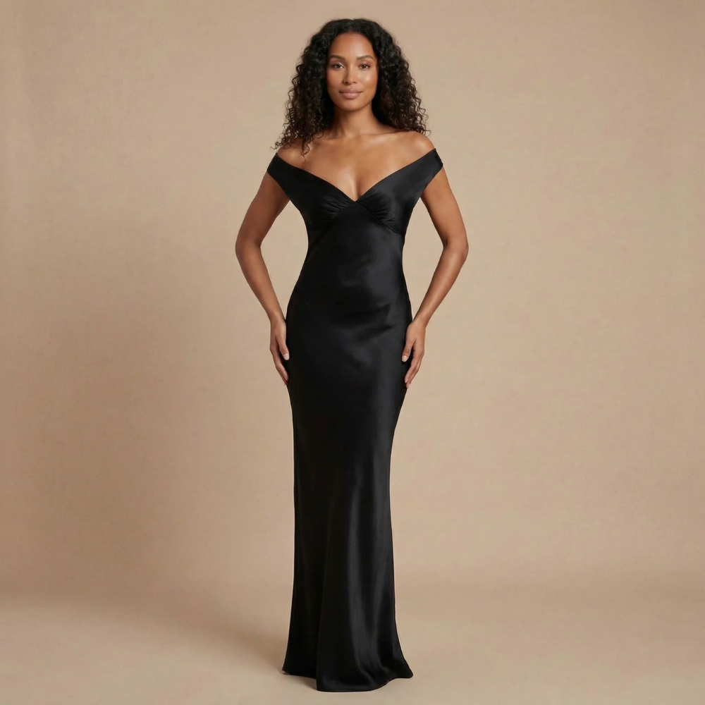Black satin off-shoulder maxi dress with ruched bodice for formal events