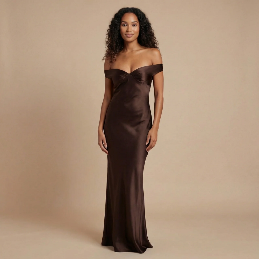 Chocolate brown satin off-shoulder maxi dress with ruched detail