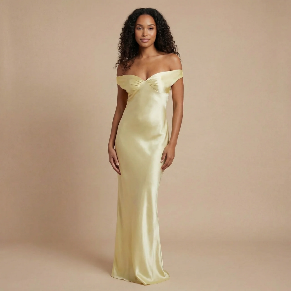 Pale yellow satin maxi dress with off-shoulder ruched neckline for women
