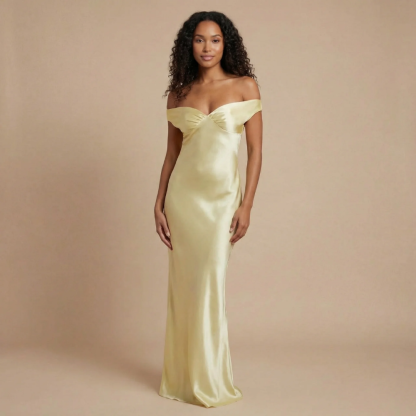 Pale yellow satin maxi dress with off-shoulder ruched neckline for women