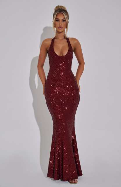 Gaia Halter Maxi Dress - Wine Sparkle