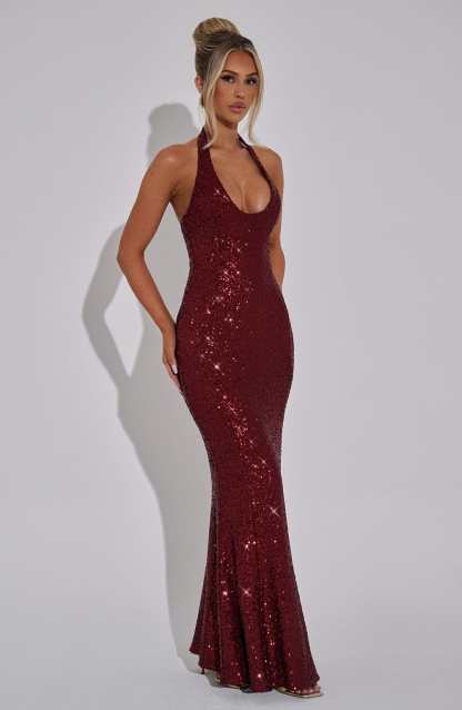 Gaia Halter Maxi Dress - Wine Sparkle