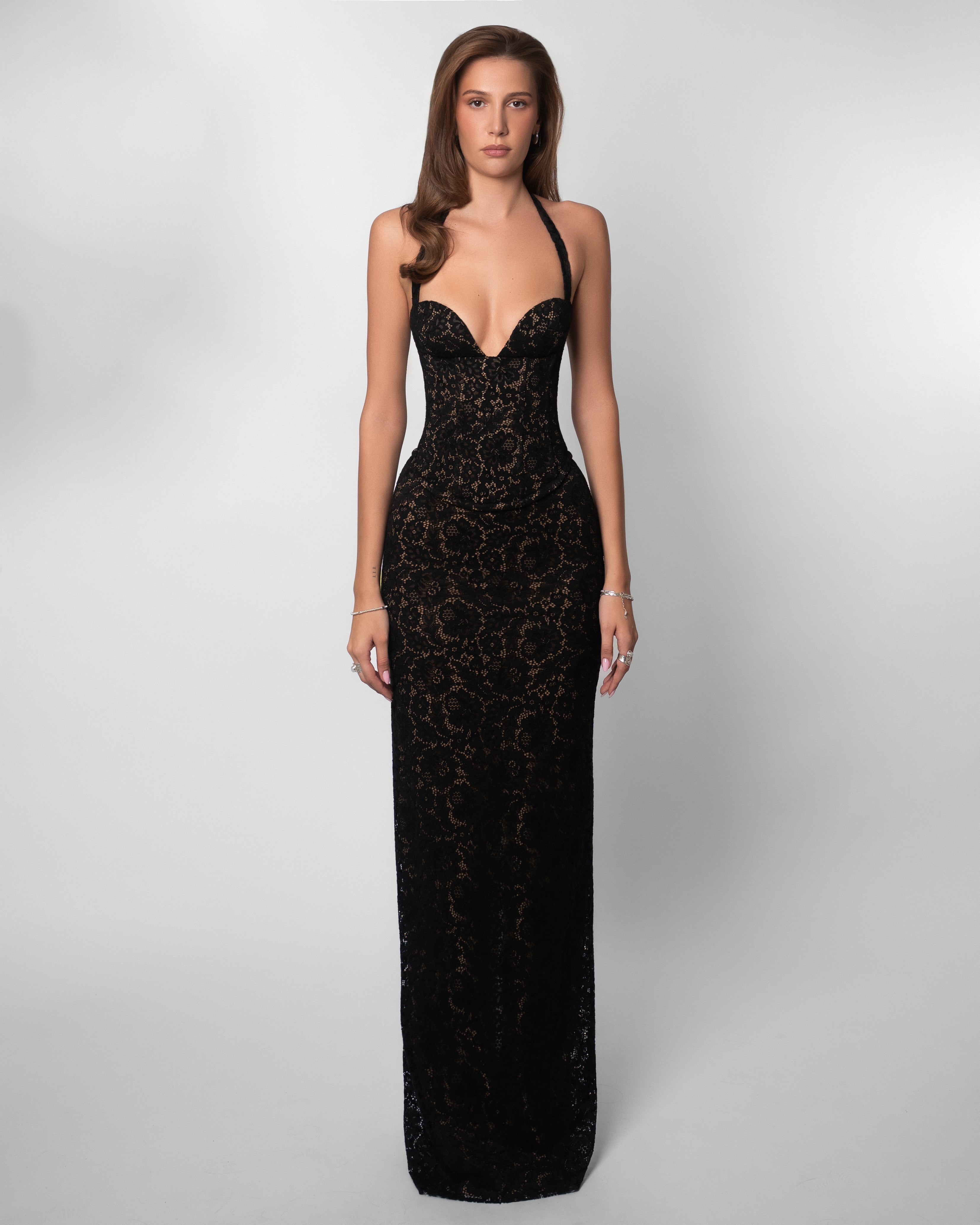 Garnet Lace Halter Corset Maxi Dress - Black