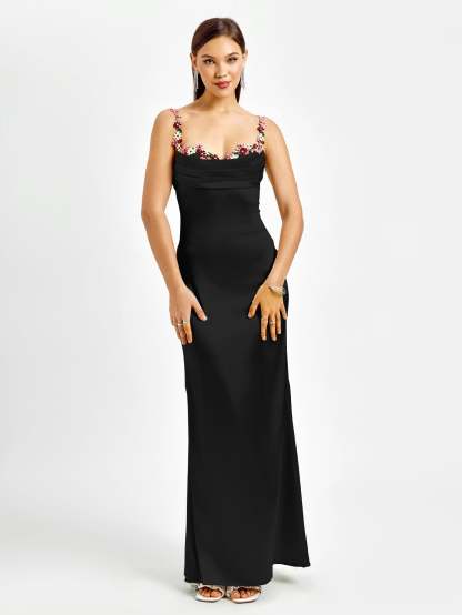 Georgette Satin Maxi Dress - Black