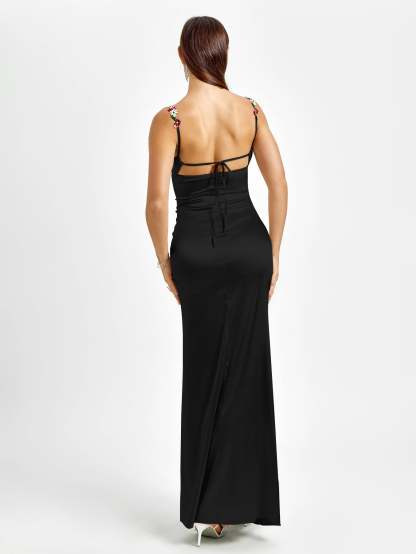 Georgette Satin Maxi Dress - Black