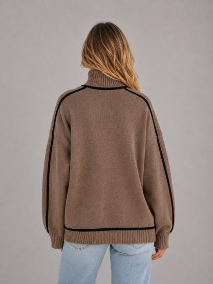 Georgie Contrast Roll Neck Oversized Sweater - Brown
