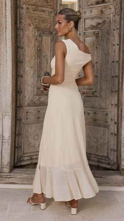 Giada One Shoulder Ruffle Maxi Dress - Cream