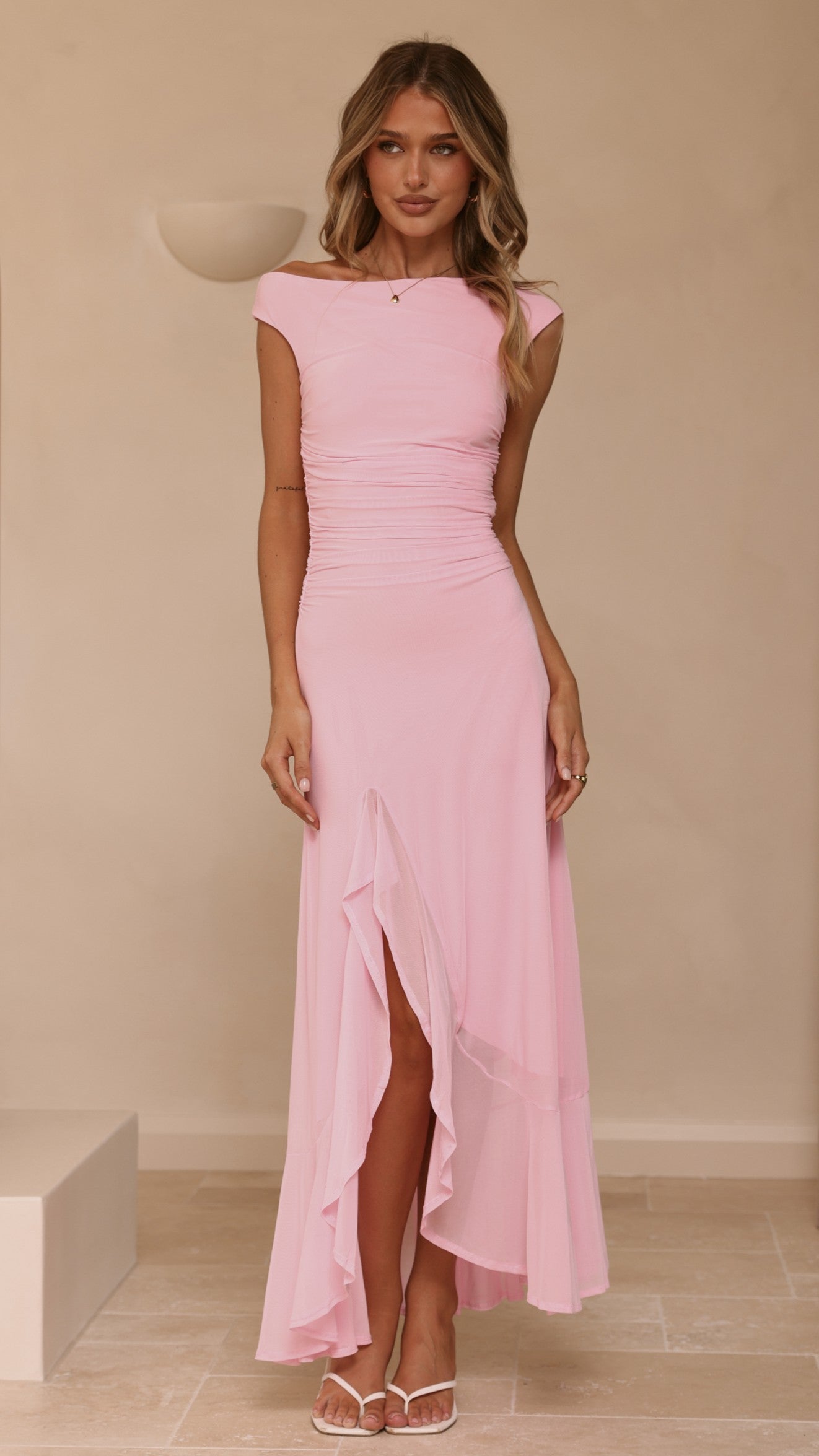 Giada One Shoulder Ruffle Maxi Dress - Pink