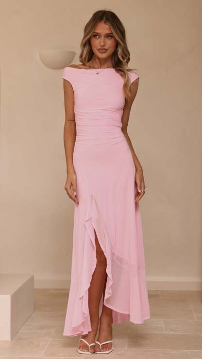 Giada One Shoulder Ruffle Maxi Dress - Pink