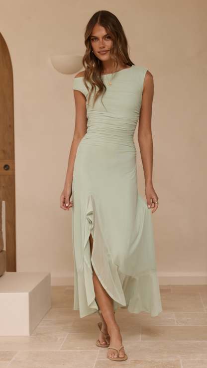 Giada One Shoulder Ruffle Maxi Dress - Sage