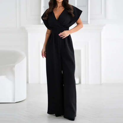 Black wrap jumpsuit with short puffed sleeves and wide-leg pants