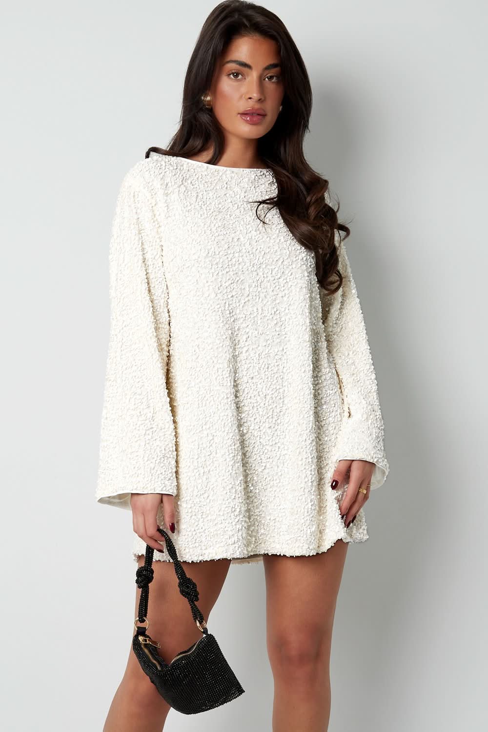 Cream boucle mini dress with long sleeves front view