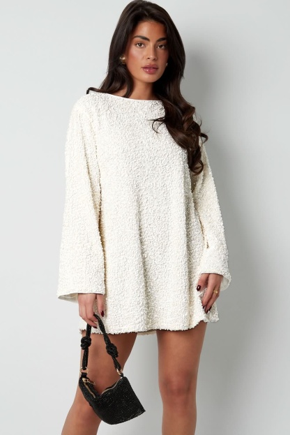 Cream boucle mini dress with long sleeves front view