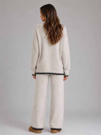Gretchen Contrast Trim Sweater Trouser Set - Beige