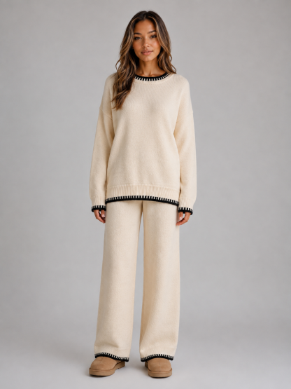 Gretchen Contrast Trim Sweater Trouser Set - Cream