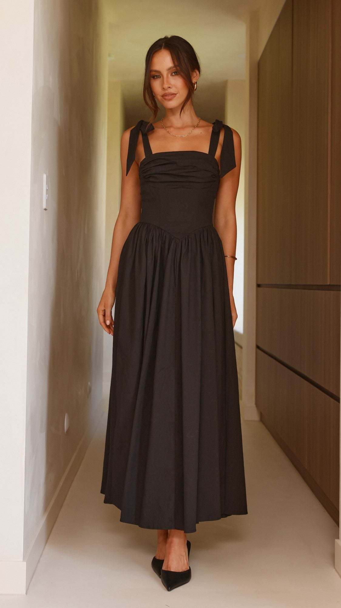 Haisley Tie Strap Midi Dress - Black